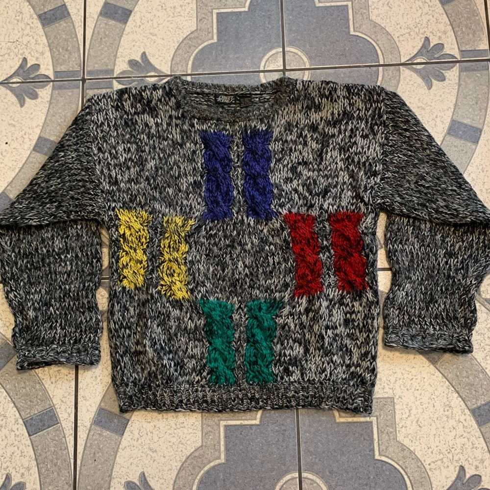 Vintage Street Scene Cable Knit Crewneck Sweater M